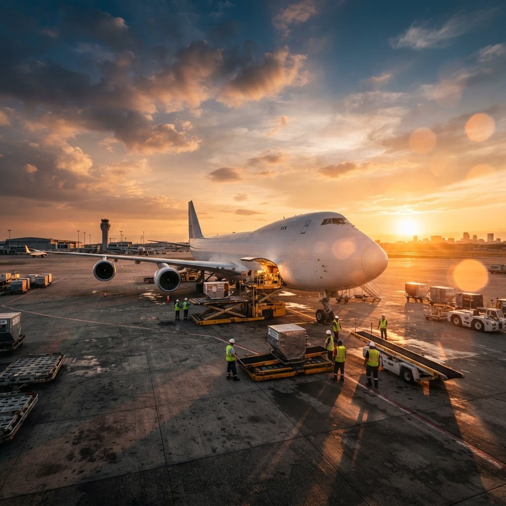 Cargo airplane being loaded on the tarmac at golden hour sunset
